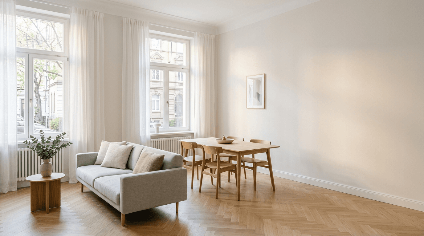 Bright, freshly cleaned modern living space — natural daylight, editorial interior photograph (no people)